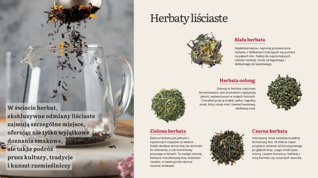 Rodzaje herbat liściastych, biała, oolong, zielona i czarna