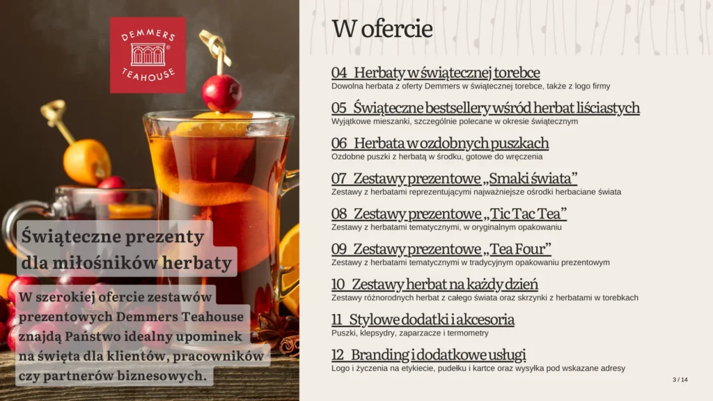 Spis treści katalogu prezentów świątecznych Demmers Teahouse