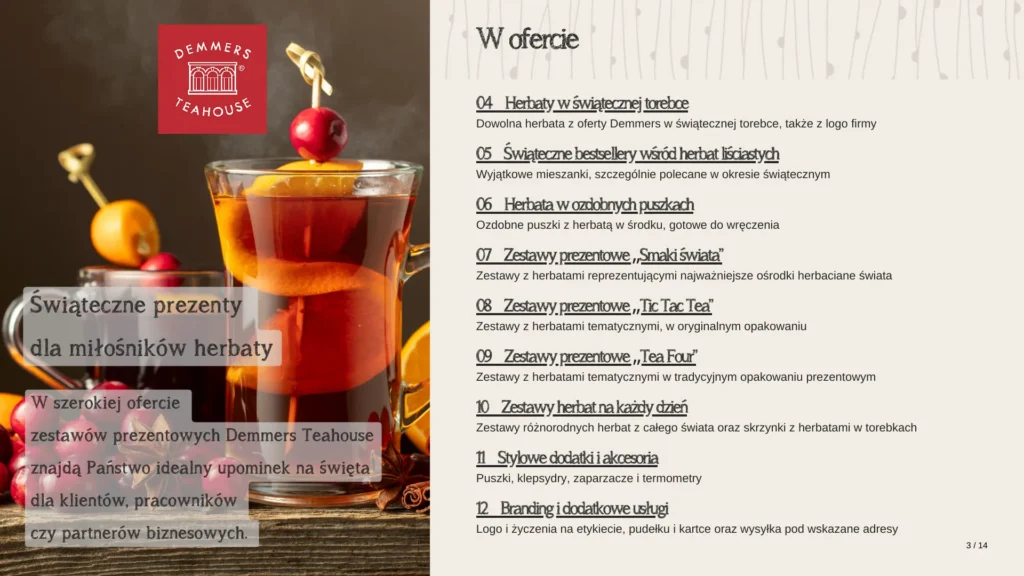 Spis treści katalogu prezentów świątecznych Demmers Teahouse