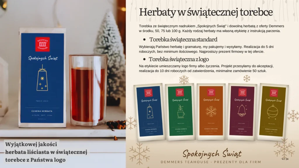 Herbata liściasta w świątecznej torebce z logo firmy