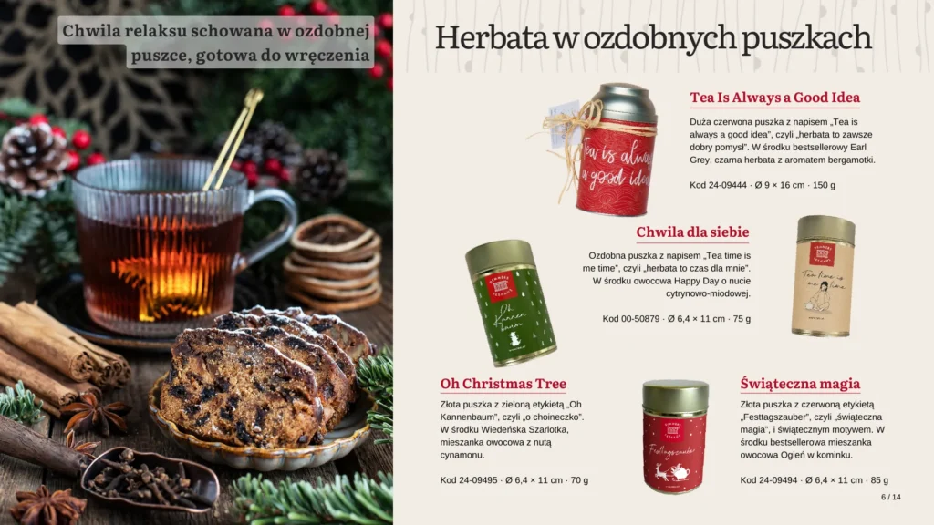 Herbata w ozdobnych puszkach świątecznych, gotowa do wręczenia