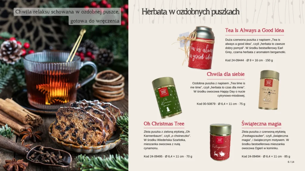 Herbata w ozdobnych puszkach świątecznych, gotowa do wręczenia
