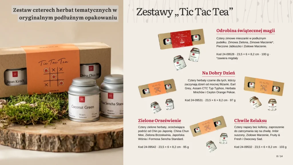 Zestawy prezentowe Tic Tac Tea, cztery herbaty w podłużnym pudełku