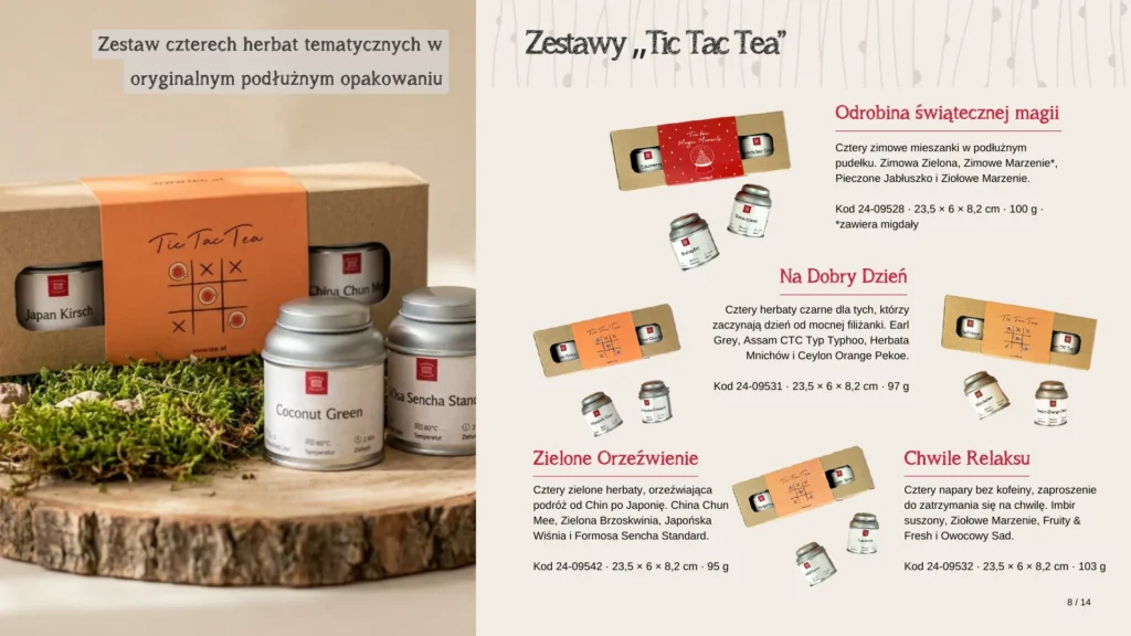 Zestawy prezentowe Tic Tac Tea, cztery herbaty w podłużnym pudełku