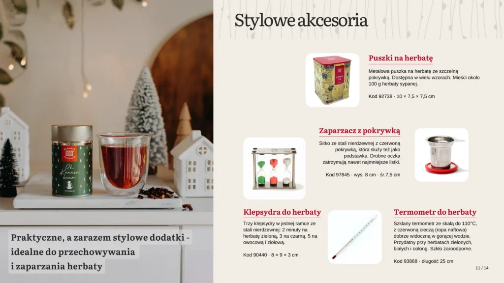Akcesoria do herbaty: puszki, zaparzacz, klepsydra, termometr