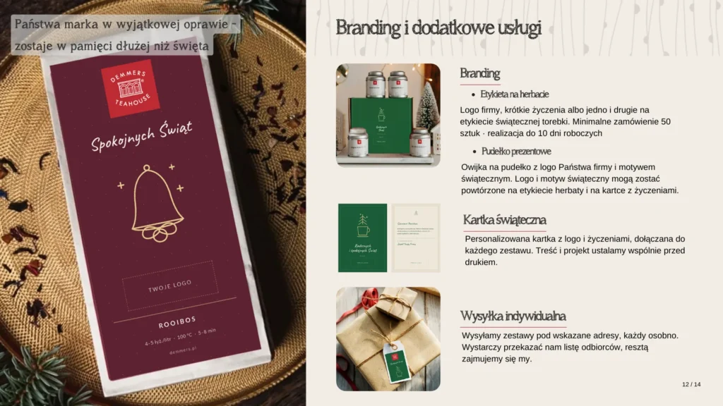 Branding zestawów: logo na etykiecie, pudełku i kartce, wysyłka indywidualna