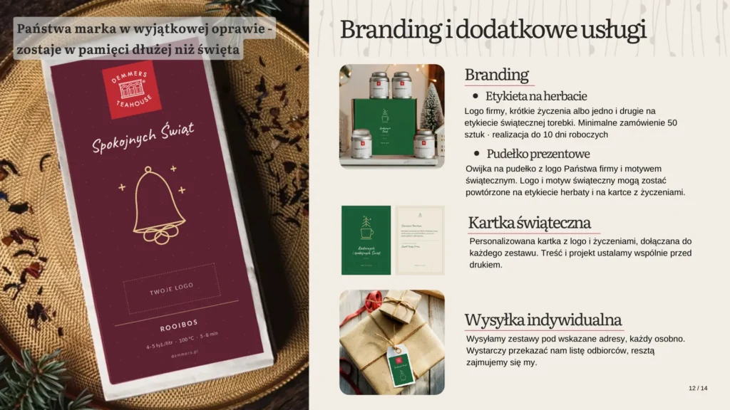 Branding zestawów: logo na etykiecie, pudełku i kartce, wysyłka indywidualna
