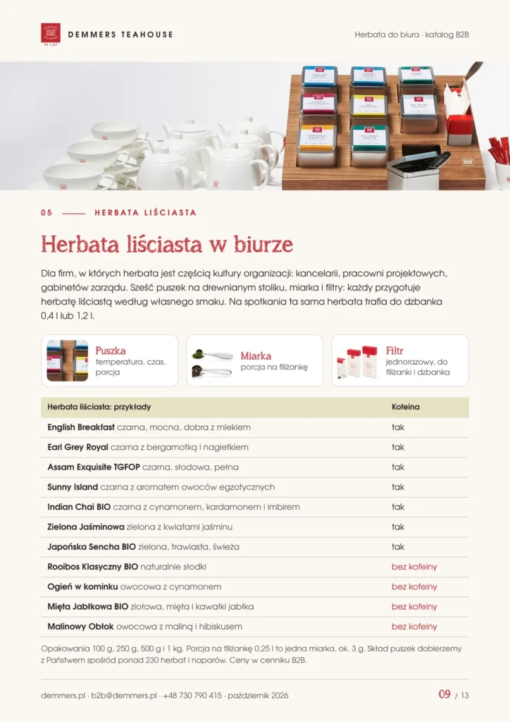 Herbata liściasta w biurze: puszki, miarka i filtry