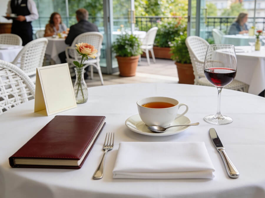 Karta win i karta herbat na nakrytym stoliku w restauracji, obok filiżanka herbaty i kieliszek wina