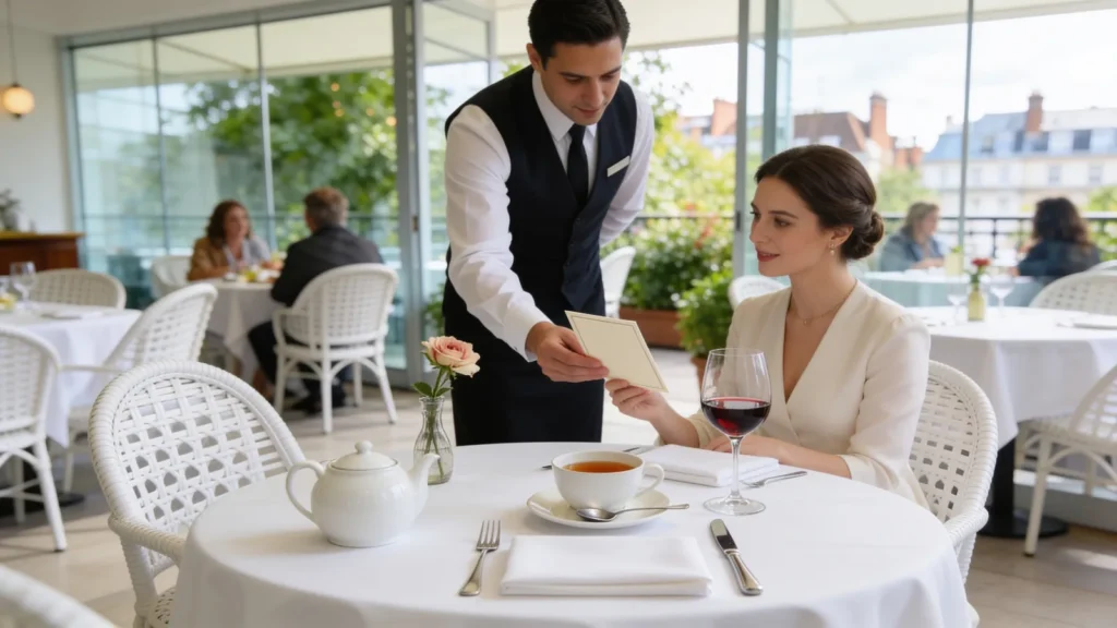 Kelner podaje gościowi restauracji kartę herbat